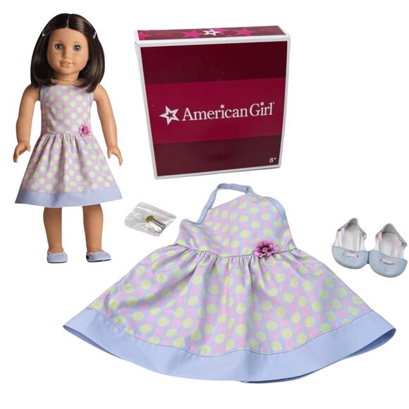 NEW American Girl CHRISSA SUNDRESS Polka Dot Flower Hair Barrettes Shoes Box - Picture 1 of 8